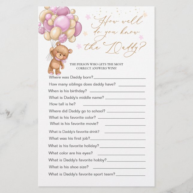 Papier Bear Baby shower Jeu Comment Bien Connaissez-Vous  (Devant)