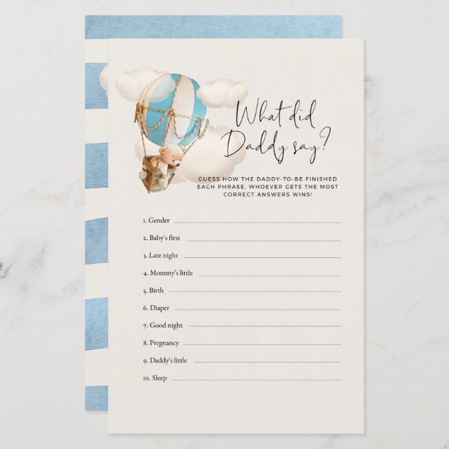 Papier Bear Baby shower Jeu - Qu'a dit papa (Devant / Derrière)