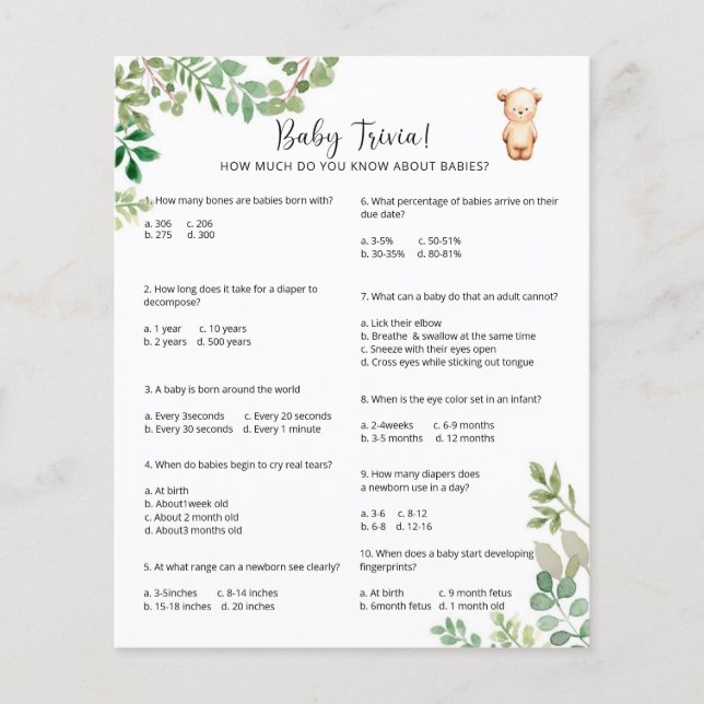 Papier Bear Baby Trivia | Jeu Baby shower (Devant)