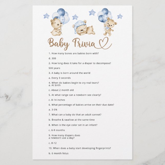 Papier Bear boy baby shower Baby Trivia (Dos)