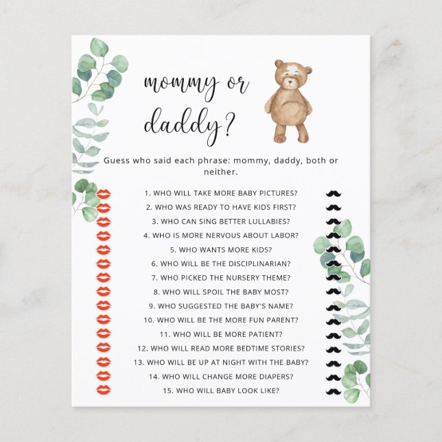 Papier Bear maman ou papa jeu de baby shower (Devant)