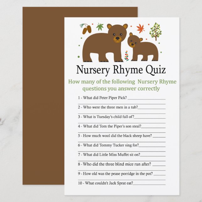 Papier Bear Nursery Rhyme Quiz jeu de baby shower (Devant / Derrière)