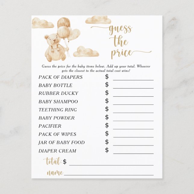 Papier Bear Price Guest Baby shower Jeu (Devant)