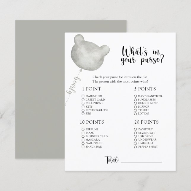Papier Bear Whats dans votre sac à baby shower jeu (Devant / Derrière)