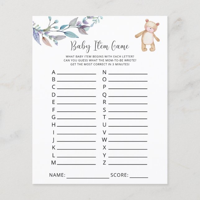 Papier Bearly Baby Item Jeu. Jeu baby shower (Devant)