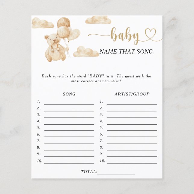 Papier Bearly Name que chanson jeu de baby shower (Devant)