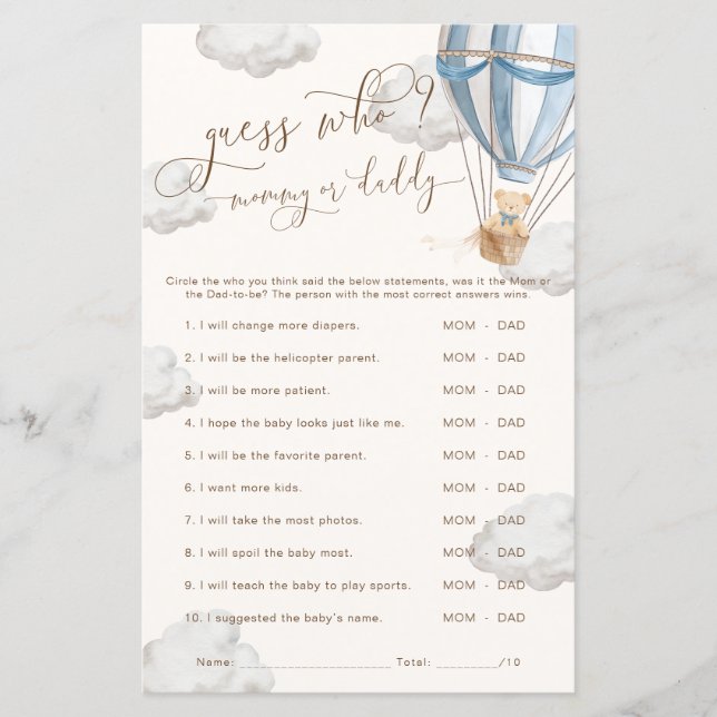 Papier Bearly Wait Blue Guess Who Baby Shower Game (Devant)