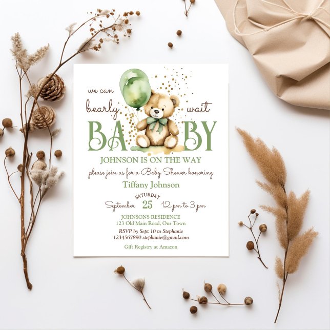 Papier Bearly wait teddy invitation budget baby shower ve (Bearly wait teddy bear themed baby shower budget invitation template sage green brown themed balloon)