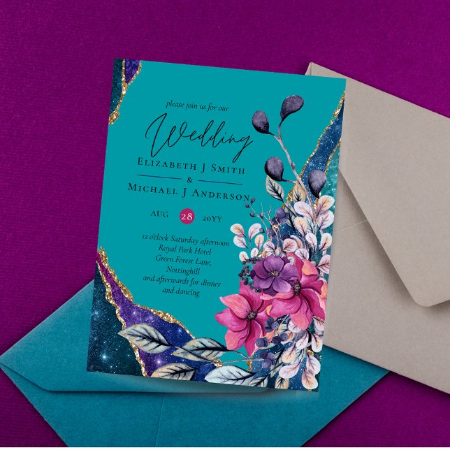 Papier Beau BUDGET Purple Turquoise Floral Agate Mariage (Créateur téléchargé)