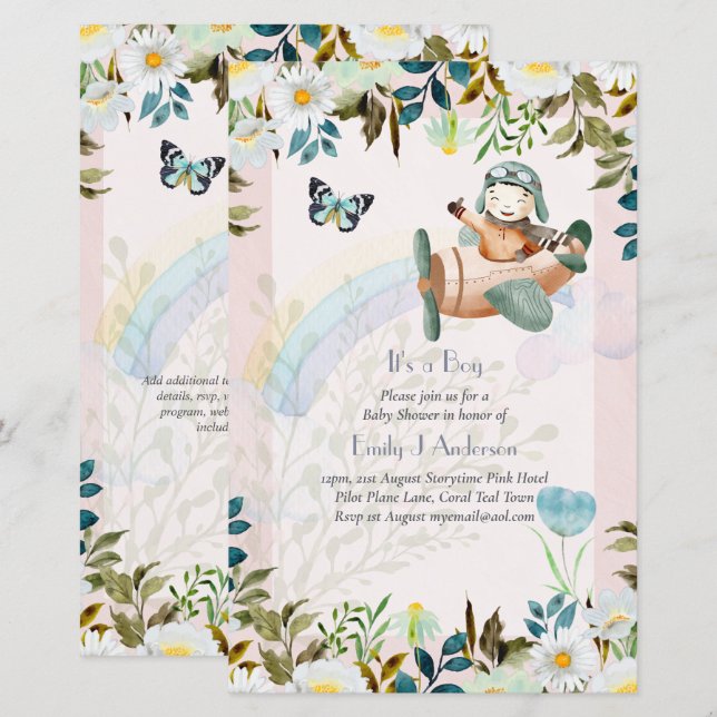 Papier Beau Invitation Baby shower de pilotes d'avion (Devant / Derrière)