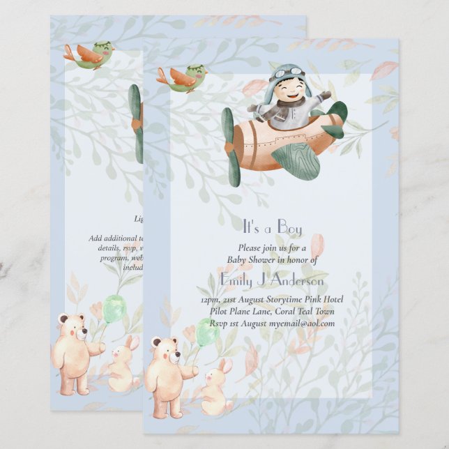Papier Beau Invitation Baby shower de pilotes d'avion (Devant / Derrière)