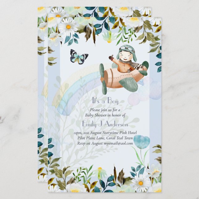 Papier Beau Invitation Baby shower de pilotes d'avion (Devant / Derrière)