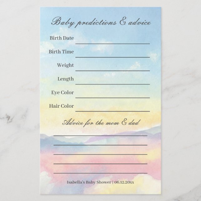 Papier Beautiful Sky et nuages Baby shower Guesser Jeu (Devant)
