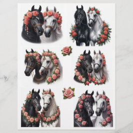 Papier Beaux couples de chevaux avec couronnes de roses r