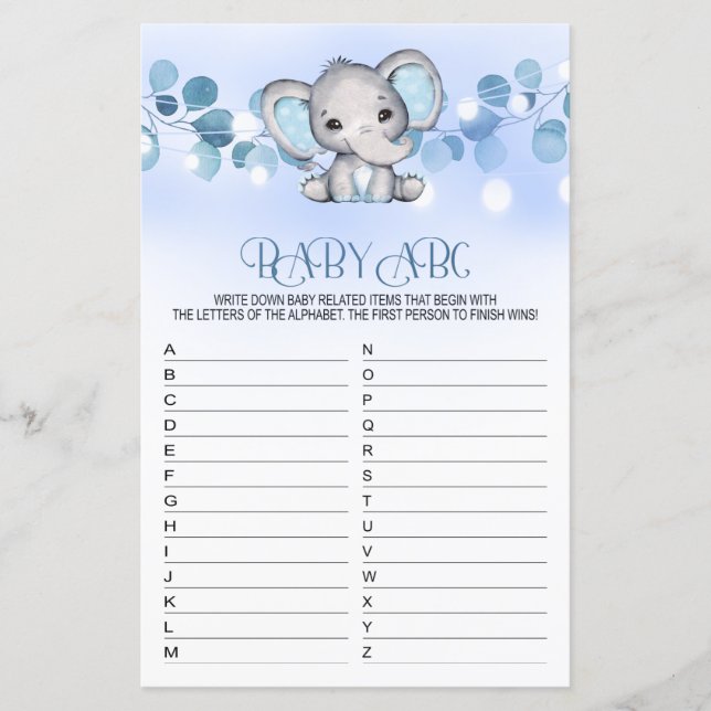 Papier Bébé ABC Baby shower Jeu BLUE ELEPHANT (Devant)