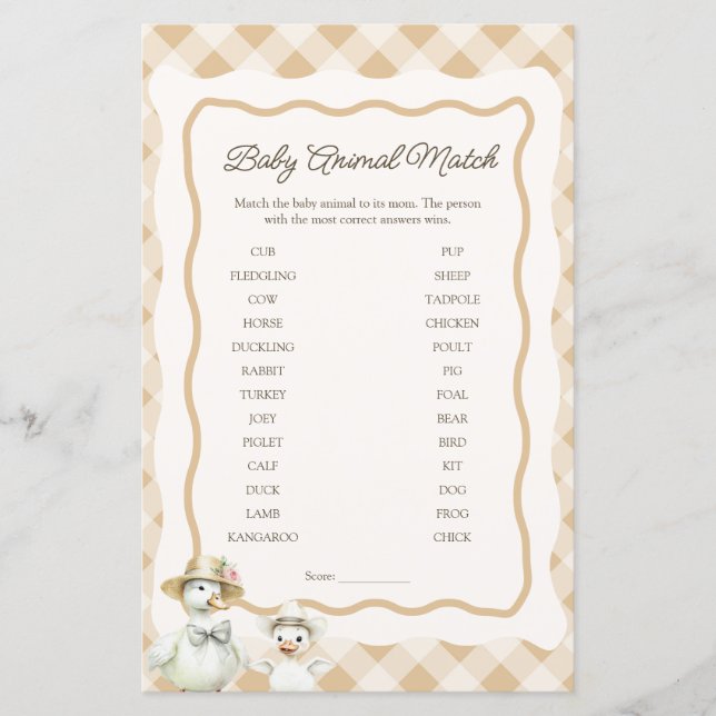 Papier Bébé Animal Match Goose & En vichy Baby shower Jeu (Devant)
