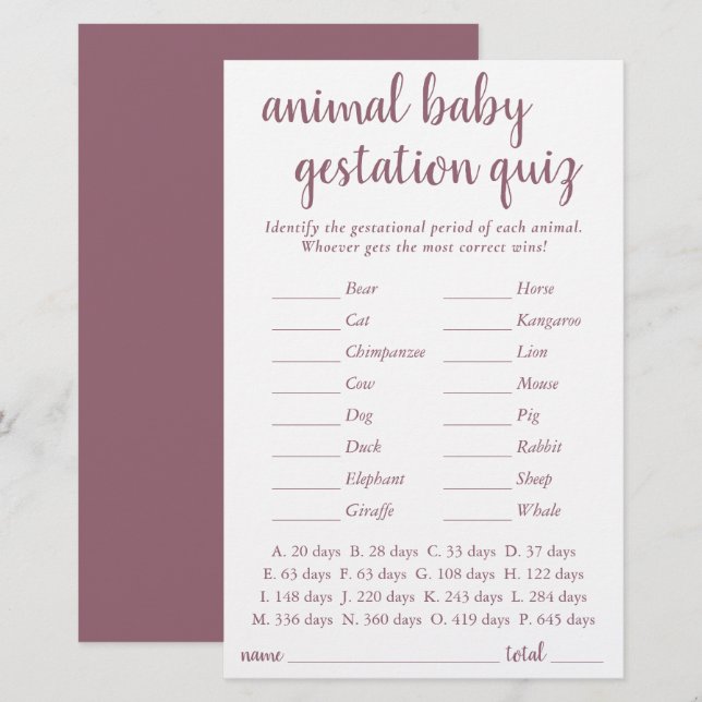 Papier Bébé animal simple | Mauve Pink Gestational Game (Devant / Derrière)