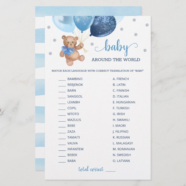 Papier Bébé autour du monde jeu de course Teddy Bear (Devant / Derrière)