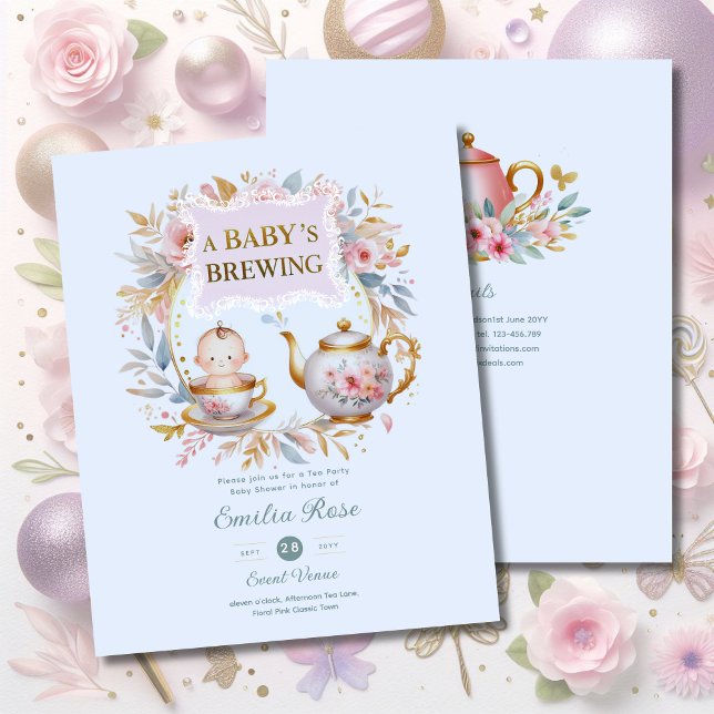 Papier Bébé Bleu Brassage Tea Party Douche Floral Brunch (Créateur téléchargé)