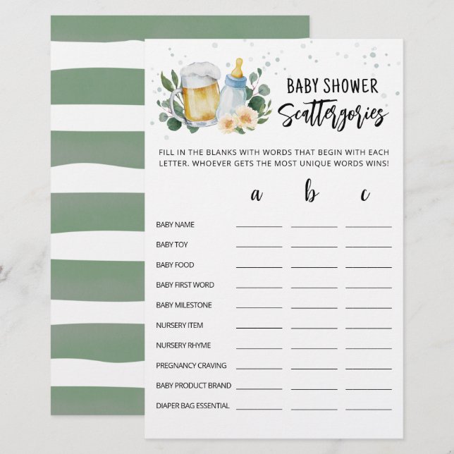 Papier Bébé brasse Baby shower Scattergories Jeu (Devant / Derrière)