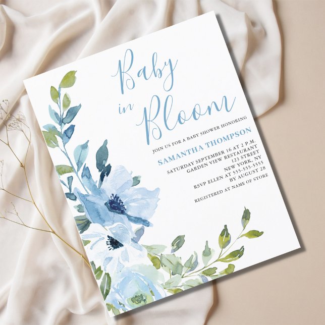 Papier Bébé Budget En Fleur Bleu Floral Douche Invitation (Créateur téléchargé)
