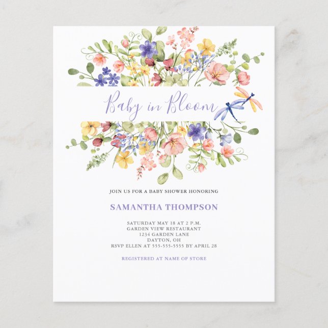 Papier Bébé Budget En Fleur Rose Floral Douche Invitation (Devant)