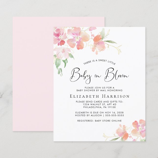 Papier Bébé budget en Fleur Rose Floral Douche par courri (Devant / Derrière)