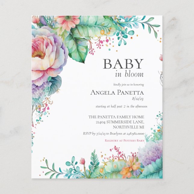 Papier Bébé en Fleur Aquarelle Florale Douche Invitations (Devant)