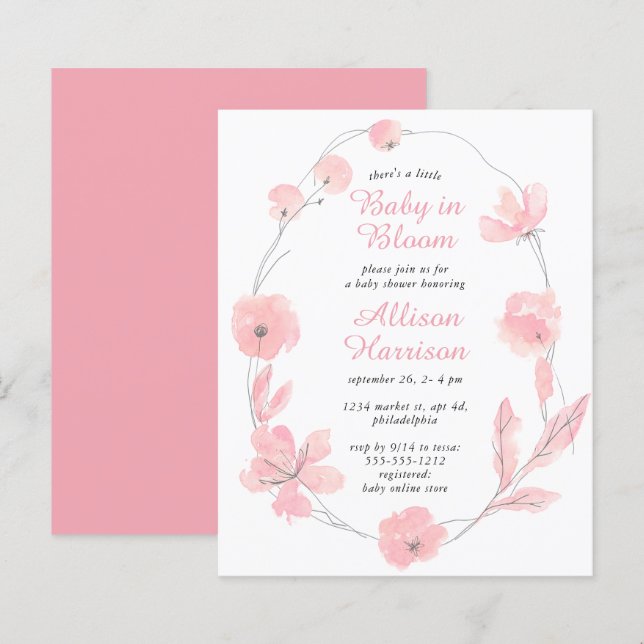 Papier Bébé en Fleur rose Floral Budget Douche Invitation (Devant / Derrière)