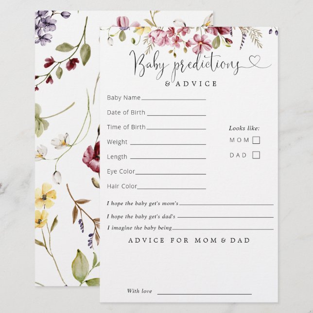 Papier Bébé fleur sauvage En Fleur Prédictions Conseils (Devant / Derrière)