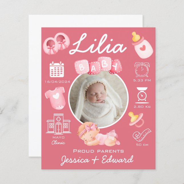 Papier Bébé mignon Fille Naissance Statistiques Rose Nouv (Devant / Derrière)