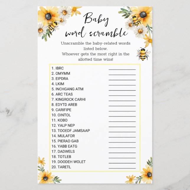 Papier Bébé mot bambou bimbo abeille jeu baby shower (Devant)