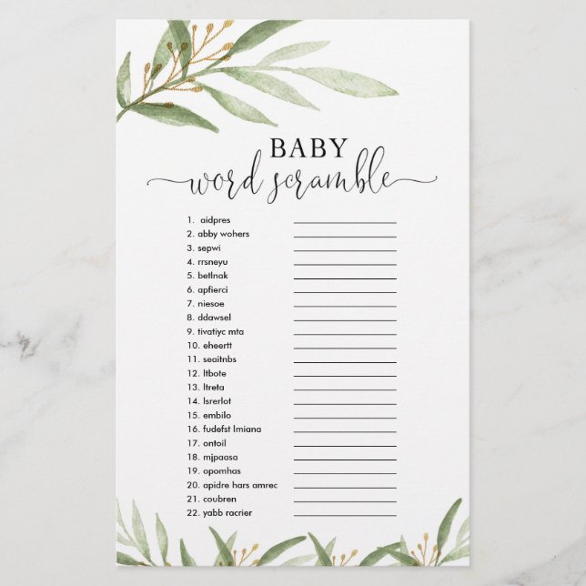Papier Bébé mot scramble baby shower jeu or verdure (Devant)