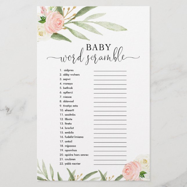 Papier Bébé mot scramble baby shower jeu vert rose (Devant)