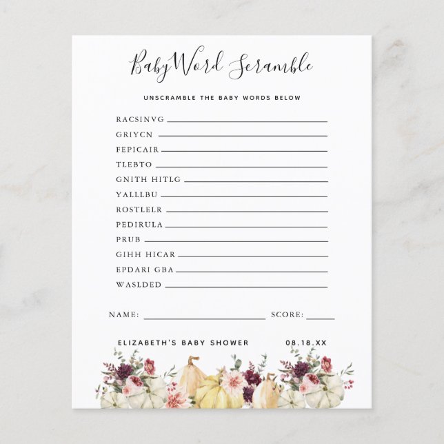 Papier Bébé Mot Scramble | Jeu Baby shower (Devant)