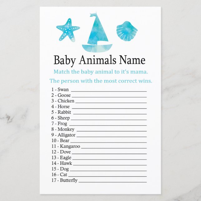 Papier Bébé Nautique Animaux Nom Jeu (Devant)