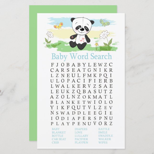 Papier Bébé panda Baby shower Word Recherche Jeu (Devant / Derrière)