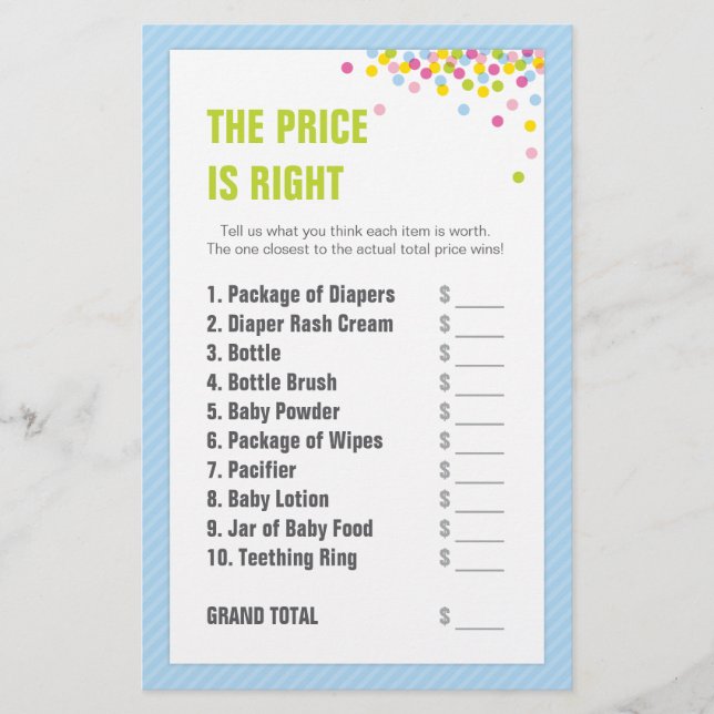 Papier Bébé Sprinkle / Baby shower Prix est droit - Bleu (Devant)