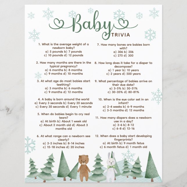 Papier Bébé Trivia mignon hiver Woodland jeu à thème (Devant)