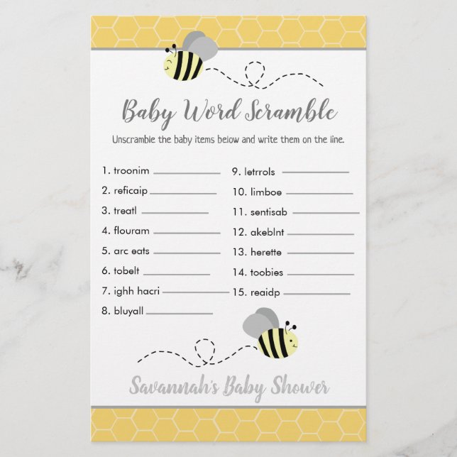 Papier Bee Baby shower Baby Word Scramble Jeu (Devant)