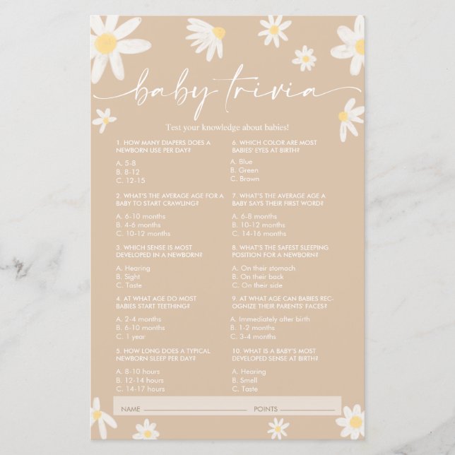 Papier Beige Daisy Baby Trivia, Baby shower Jeu (Devant)