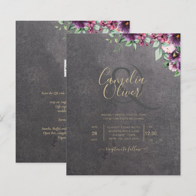 Papier Berry gris argenté Mariage Floral hiver automne (Devant / Derrière)