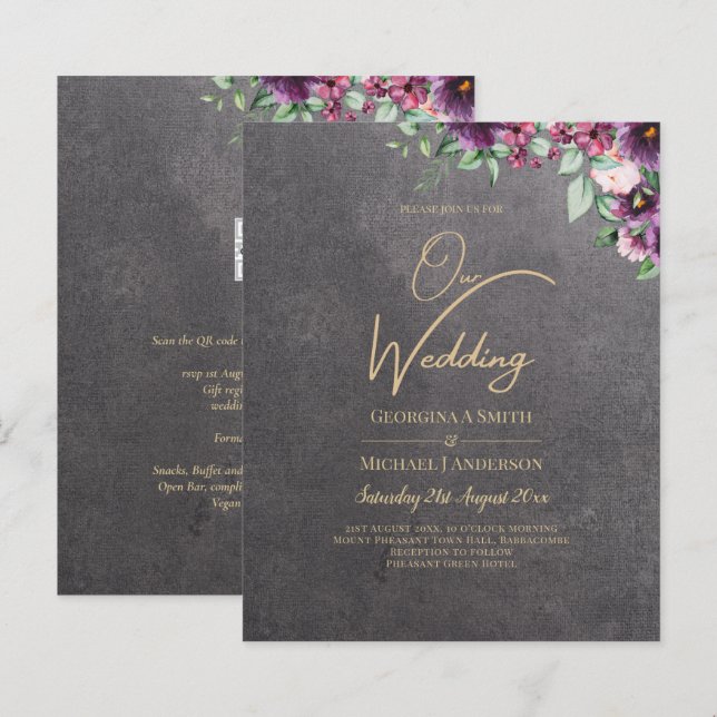 Papier Berry gris argenté Mariage Floral hiver automne (Devant / Derrière)