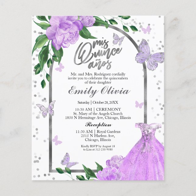 Papier Bilingue Quinceanera Papillons Budget Invitation (Devant)