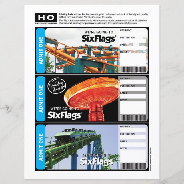 Papier Billet Faux Six Flags pour Voyage et Événements (Devant)