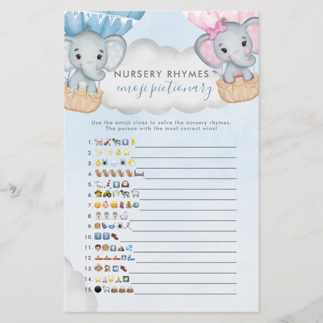 Papier Bingo Baby shower à ballon éléphant révélateur gen (Devant)