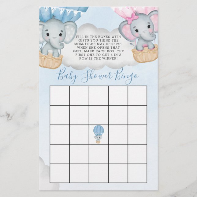 Papier Bingo Baby shower à ballon éléphant révélateur gen (Devant)