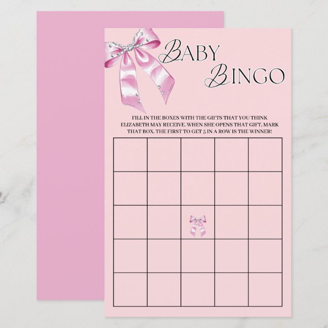 Papier Bingo Baby shower de la coquette diamant rose (Devant / Derrière)