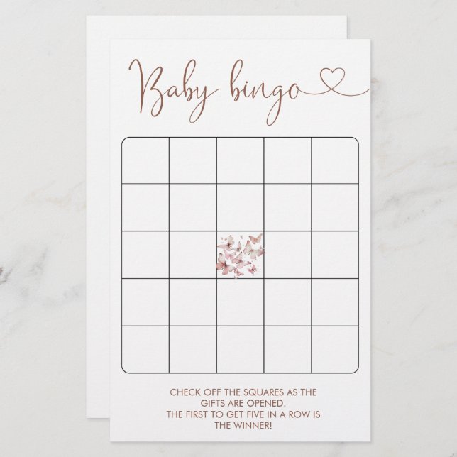 Papier Bingo Baby shower fille papillon (Devant / Derrière)