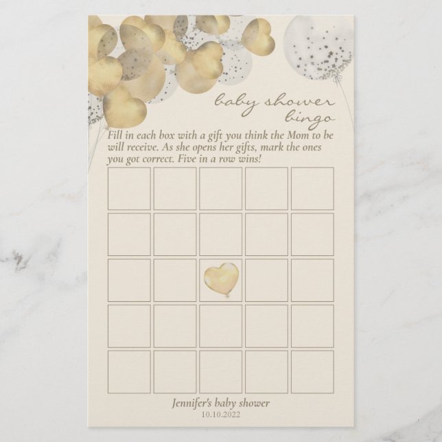 Papier Bingo Baby shower Jeu Partie Gold Ballons (Devant)